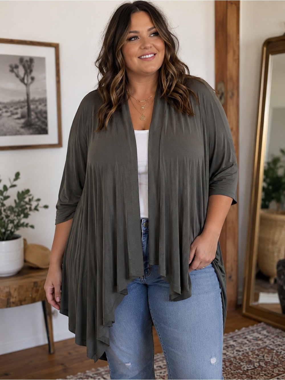 Penningtons In Every Story 1X Olive Green Draped Open Front Cardigan Top